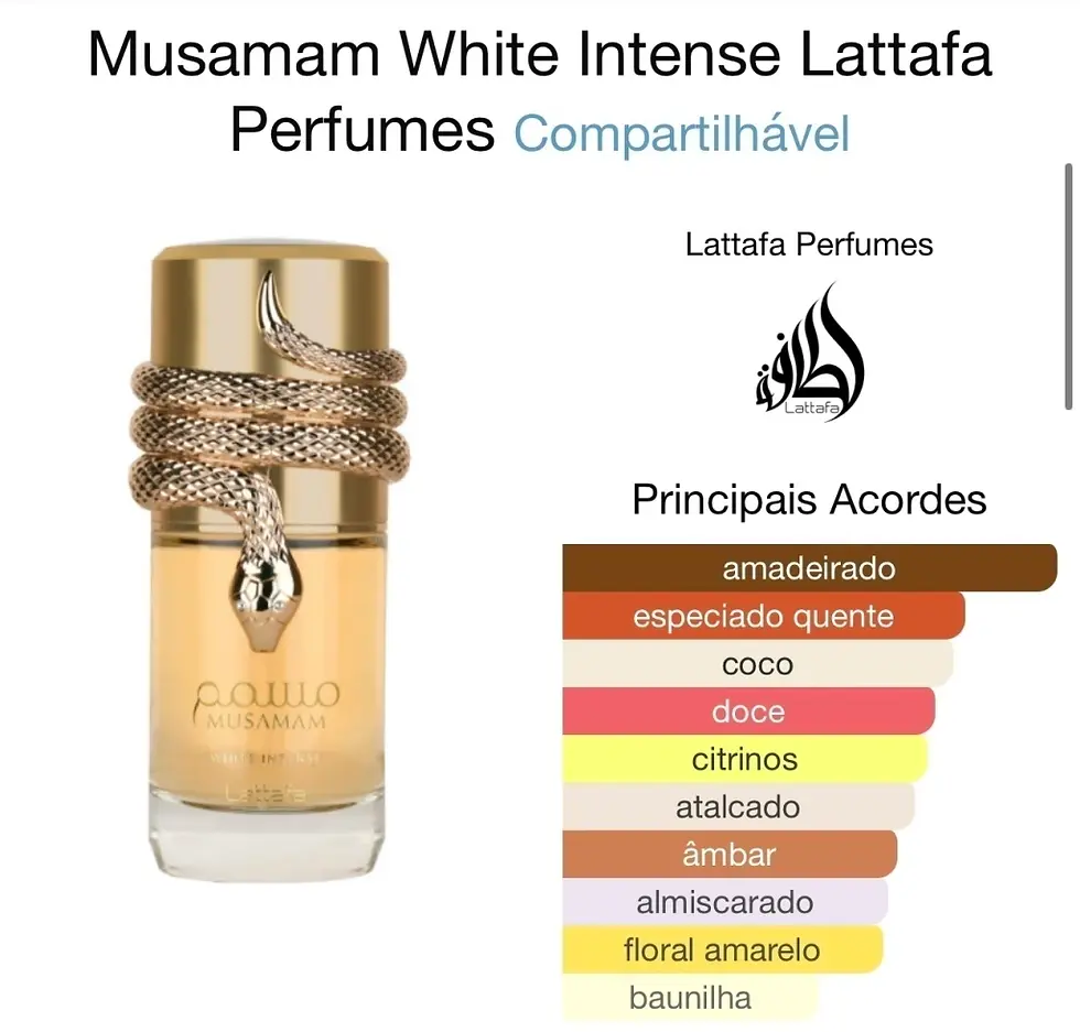 Frasco de perfume Musamam White Intense Lattafa com acordes principais.