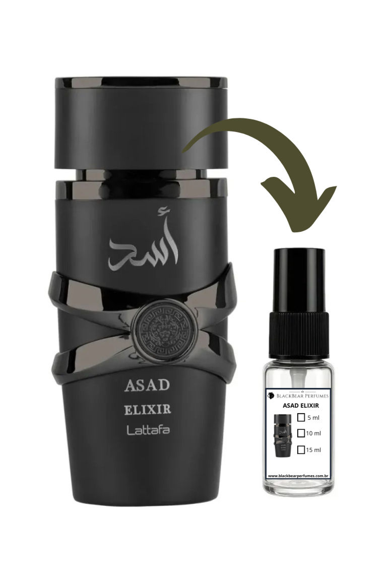 Frasco Asad Elixir Lattafa e amostra "Sample 10ml" de perfume.