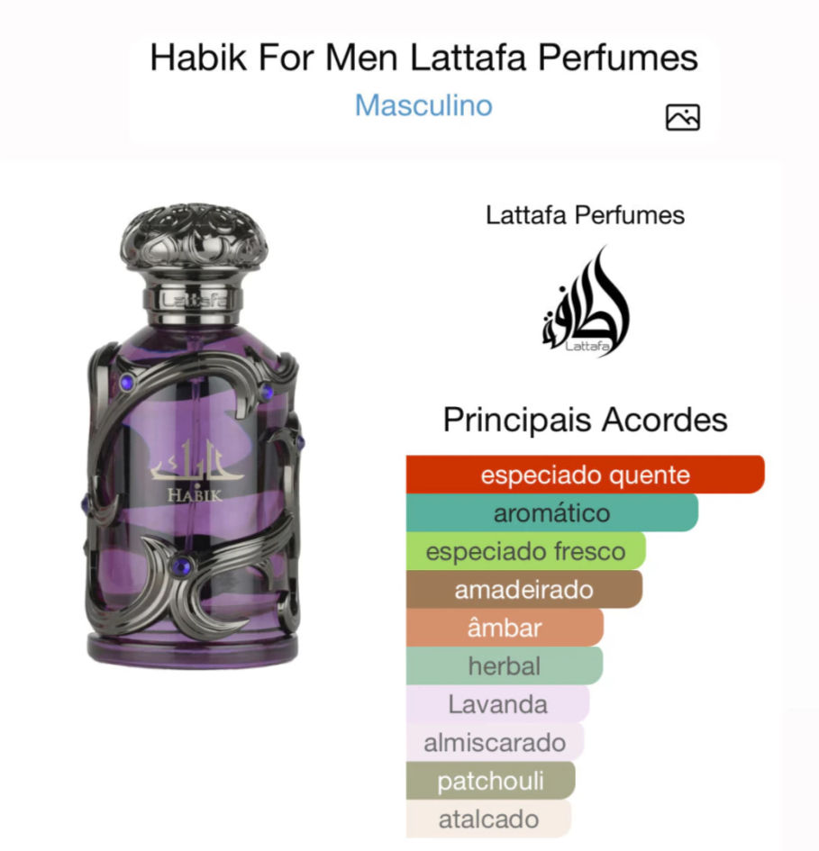 Frasco de perfume roxo Habik For Men Lattafa Perfumes, acordes principais.