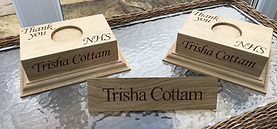 Wood carving candle holders and desk plate made from oak