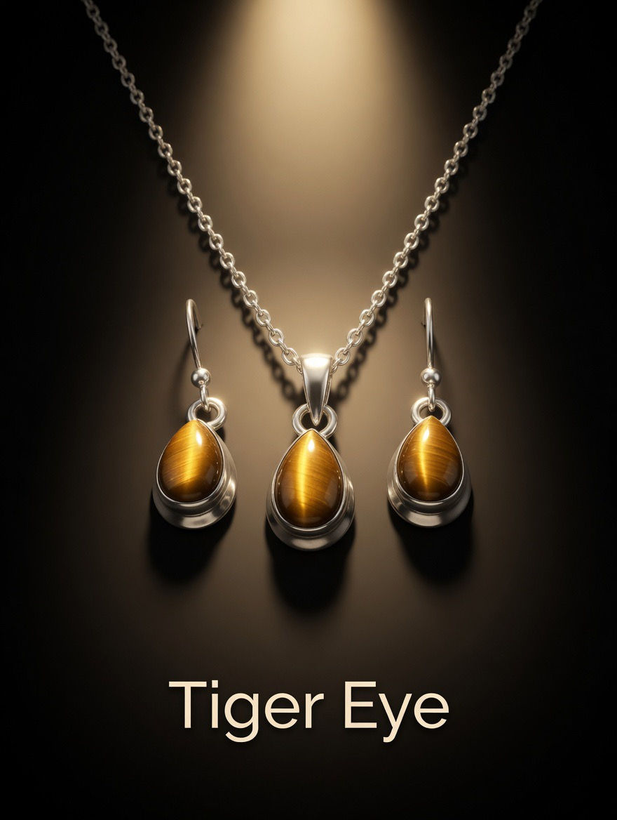 Chatoyant golden-brown Tiger Eye jewelry set featuring a polished pendant and matching silver earrings.