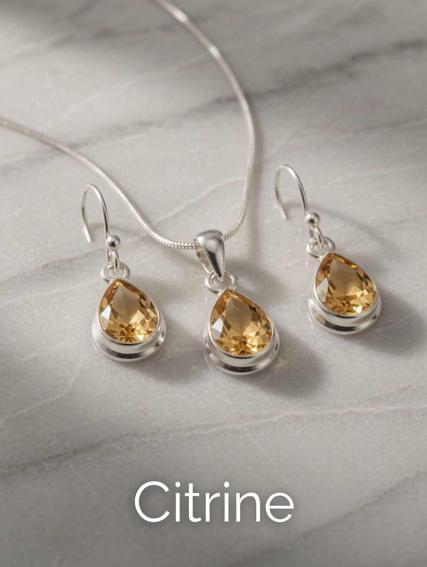 Sunny yellow Citrine gemstone set featuring a polished pendant and coordinating silver earrings.