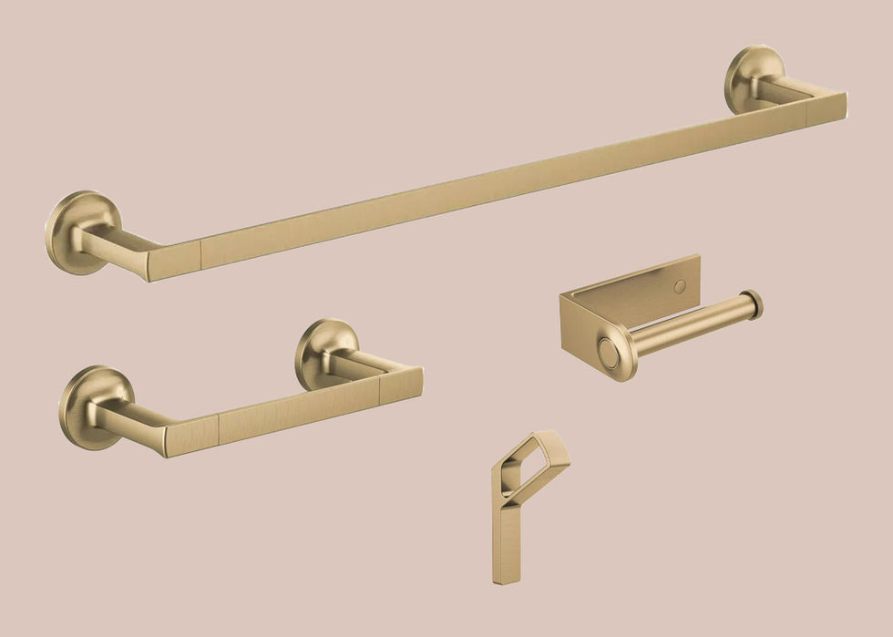 Bath accessories collection including towel bars, toilet paper holder, robe hook in gold finish