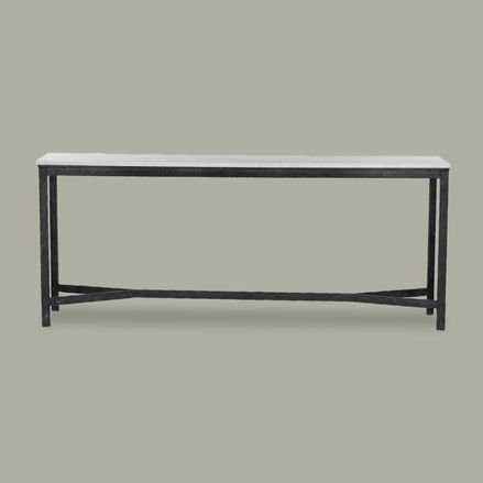 Minimalist console table with white marble or stone top and black metal frame base with angular geometric supports