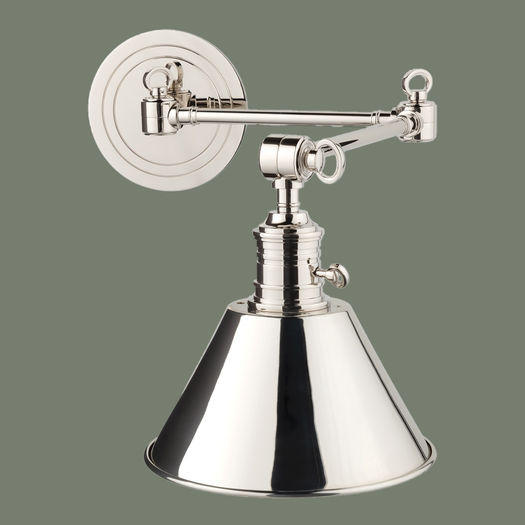 Polished nickel sconce with a cone shade and adjustable arms