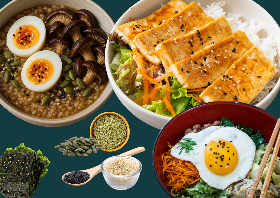 tofu, eggs, mushroons, seeds
