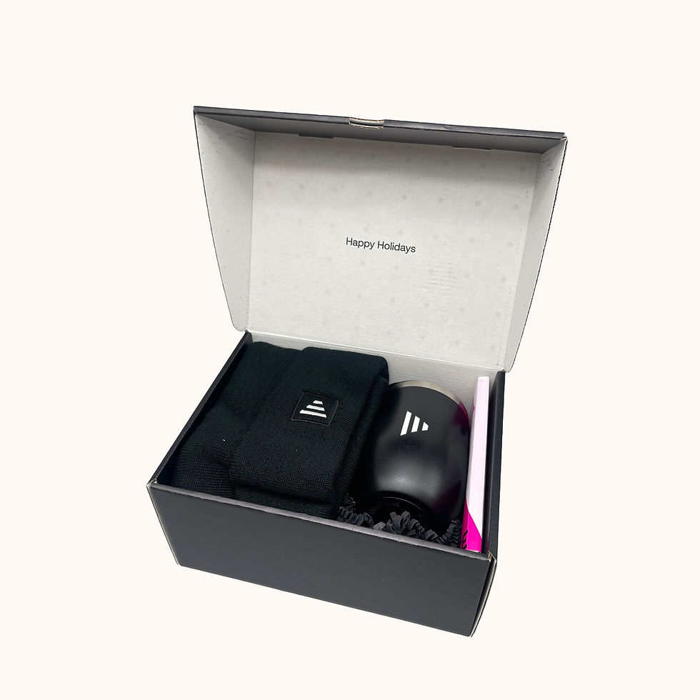 Festive celebration box for Disguise with a custom water bottle, notepage, and various other branded items with a 'happy holidays' printed message.