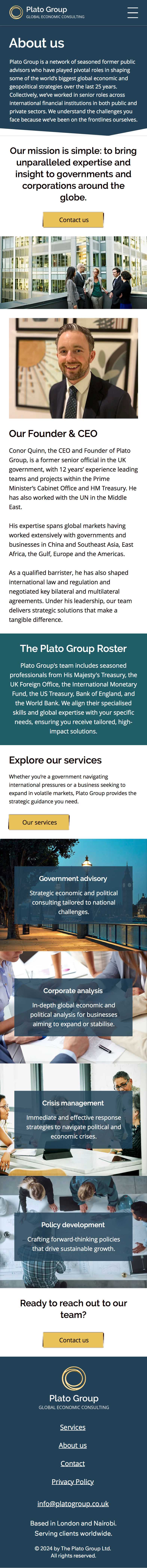 Screenshot of the mobile about us page, showing a summary of their CEO and founder, and who their roster includes