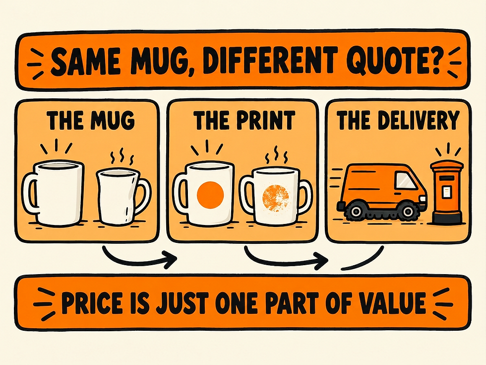 Infographic: same mug, different quote. Compare the mug, the print and the delivery. Price is just one part of value.