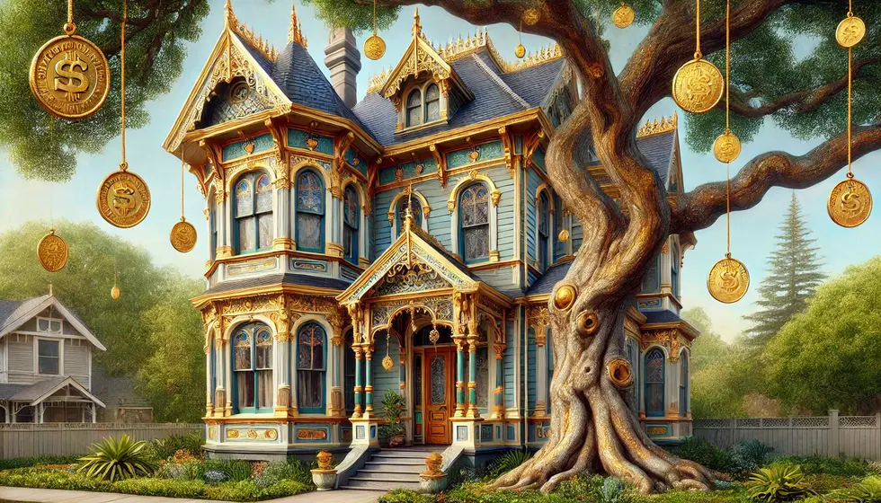 DALL·E 2024-07-13 17.55.07 - A beautiful Victorian-style house painted in a magical gold and silver, featuring intricate architectural details such as ornate gables, bay windows,