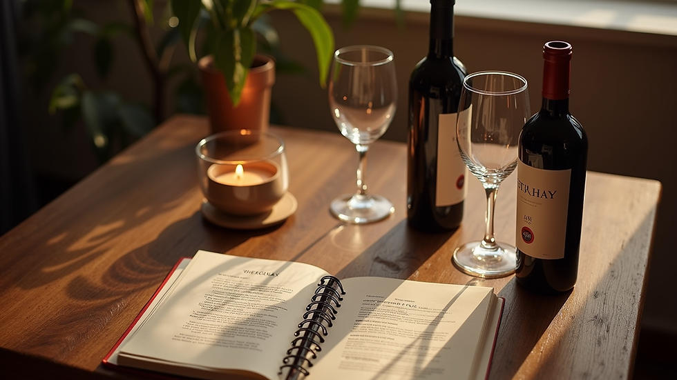 High angle view of a cozy wine tasting setup with glasses, bottles, and tasting notes