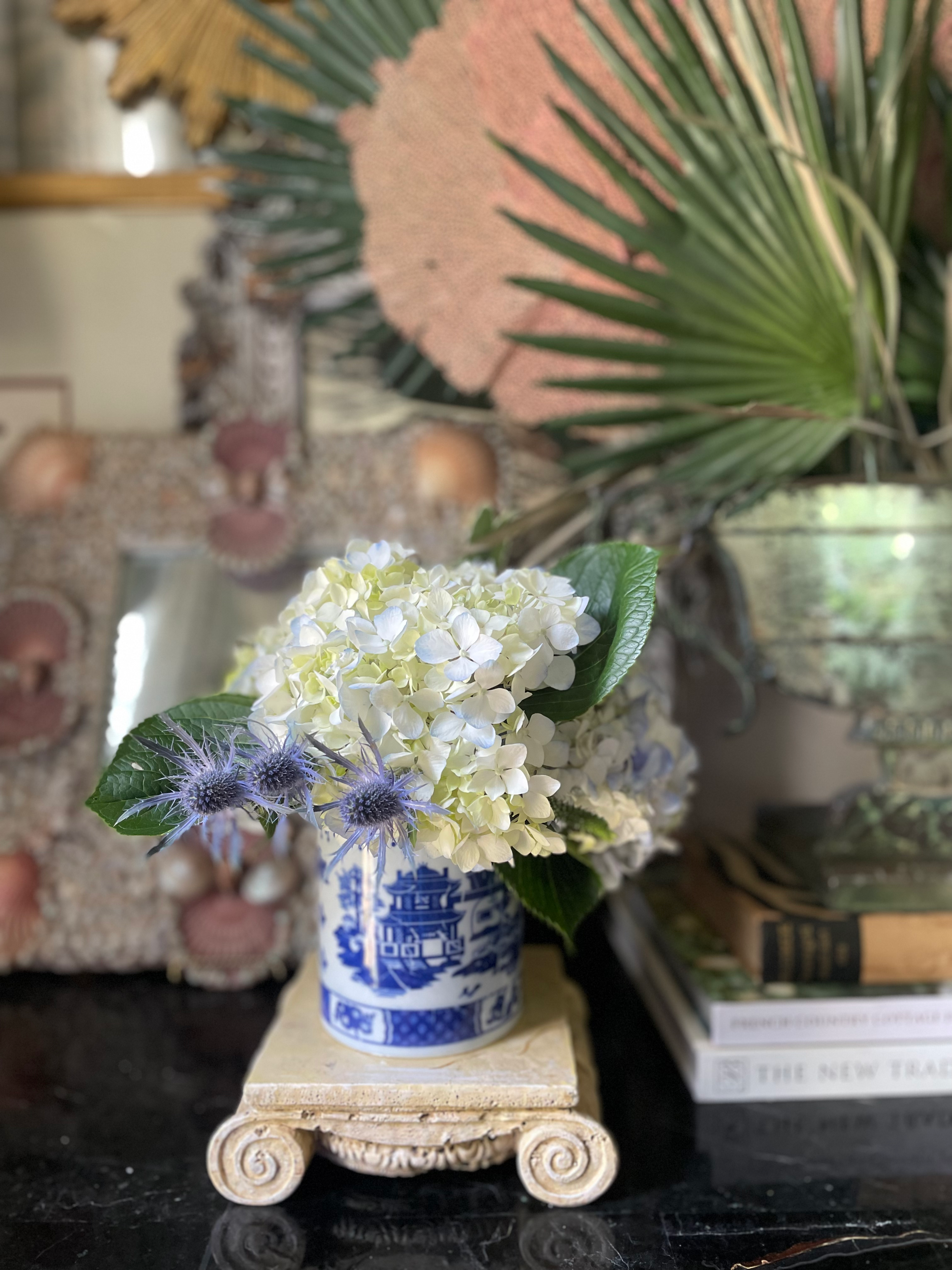 Blue and white pagoda scene brush pot