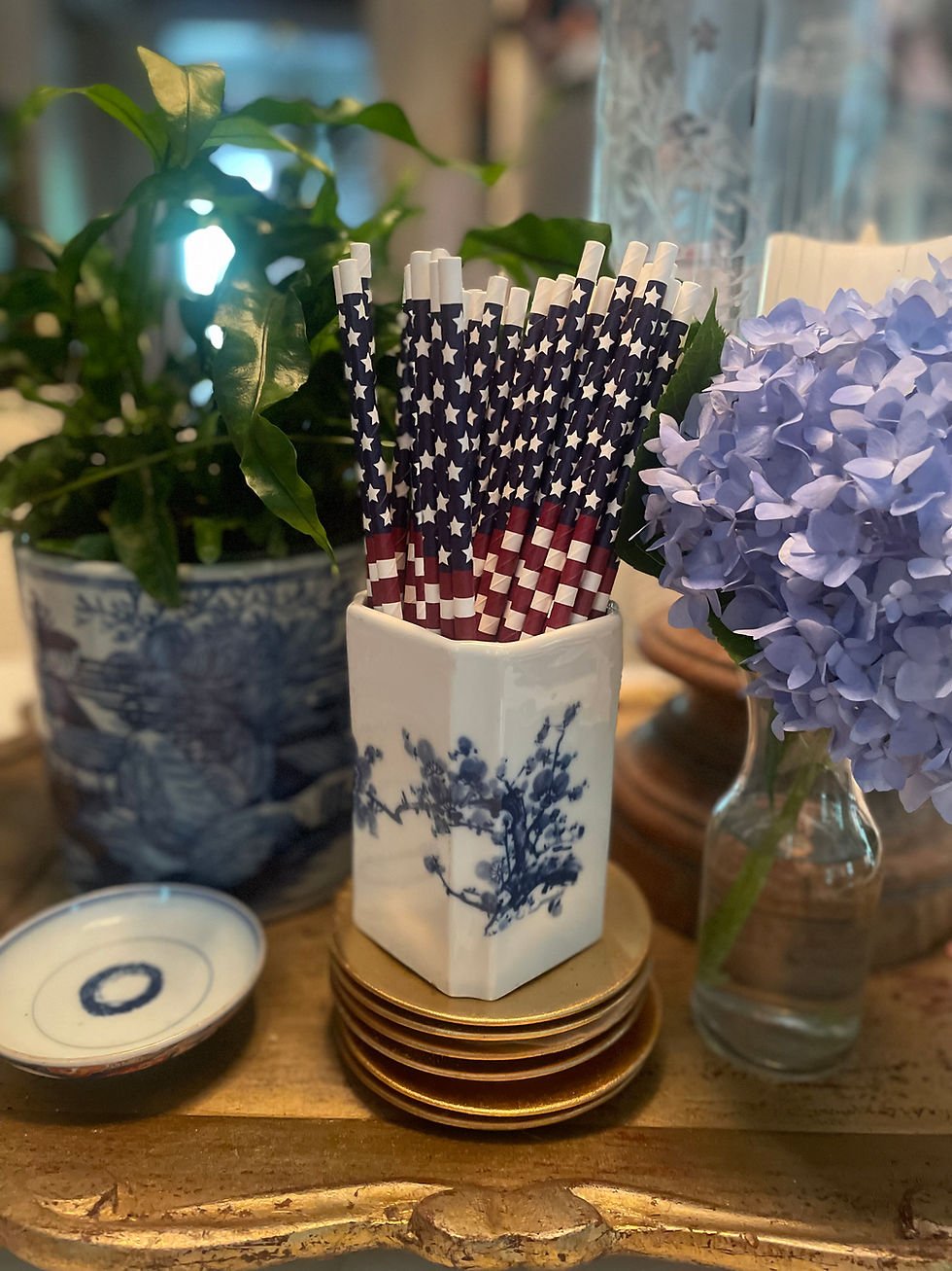 Thumbnail: Blue and White Vase with Patriotic Straws