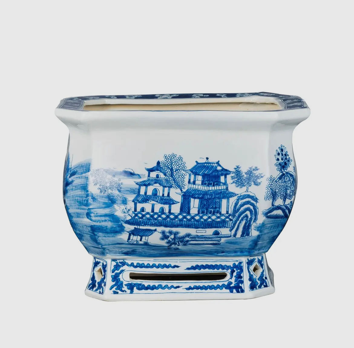 Blue willow pedestal planter