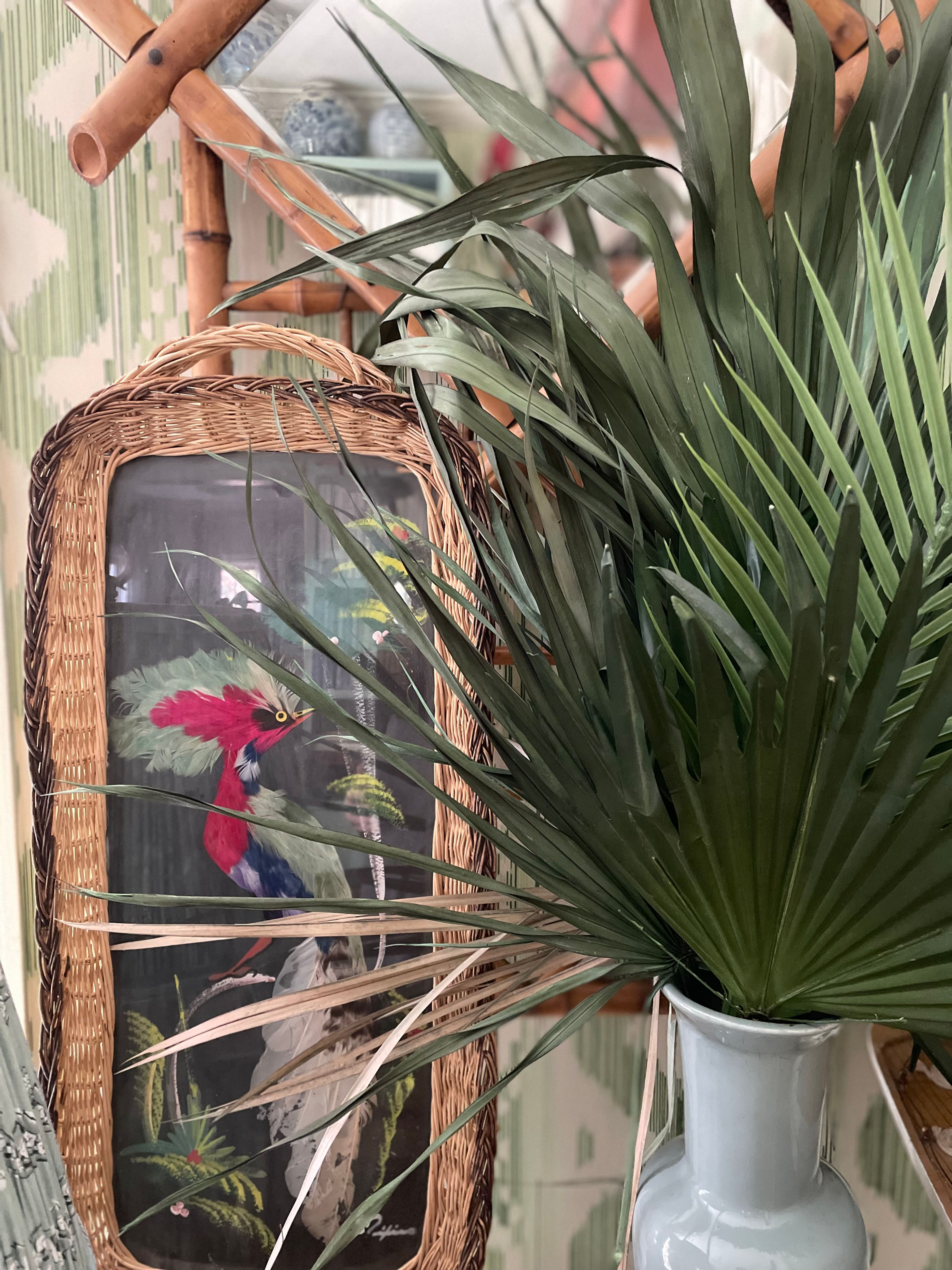 Feather Bird Glass and Wicker Tray 