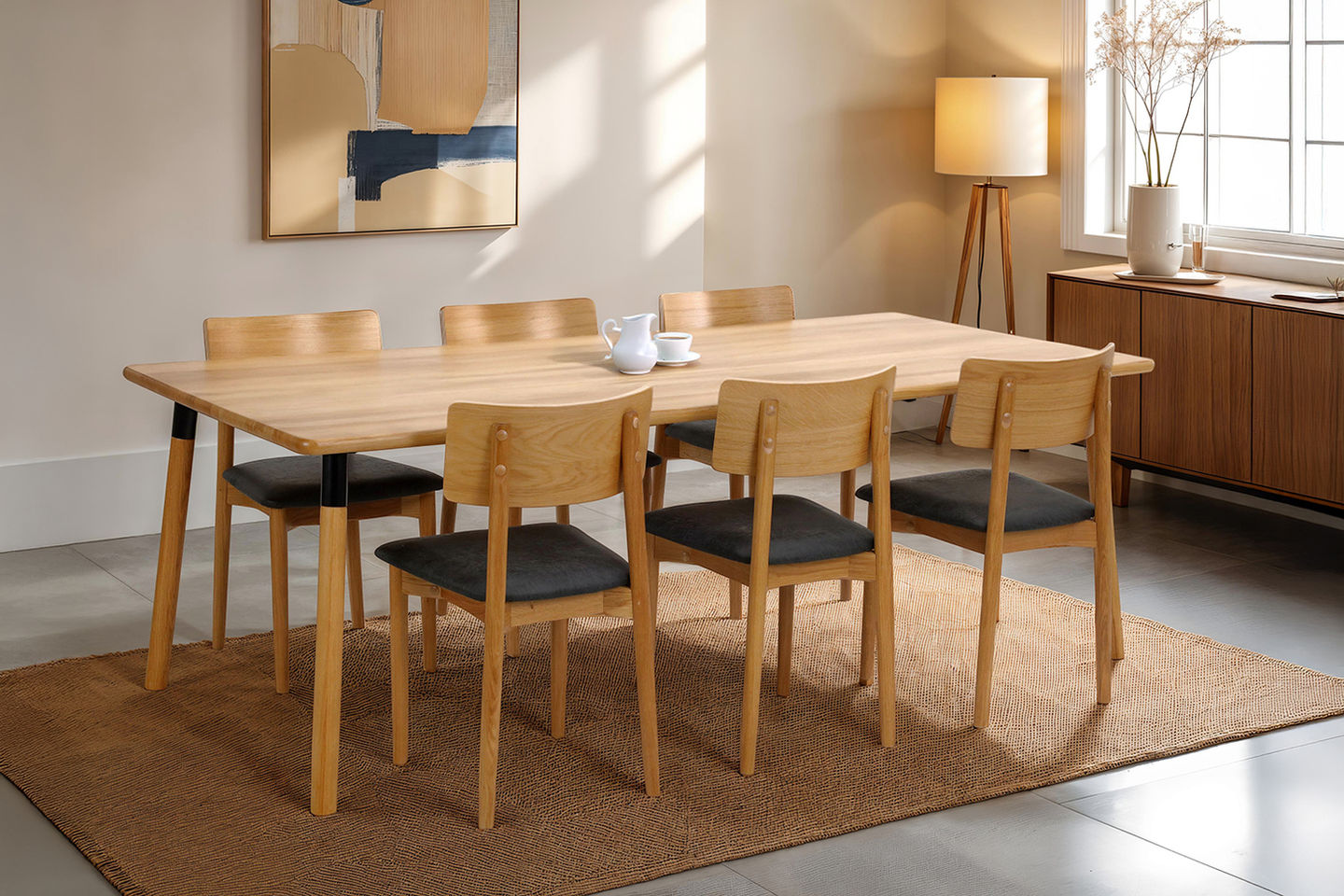 Lakeus pöytä ja Luoto tuolit. PÖYTÄ: 100x220cm, lakattu tammi, sorvattu jalka, kansi 2 (pyöristetty reuna)
TUOLI: Lakattu tammi, Nubuck 61 musta kangas