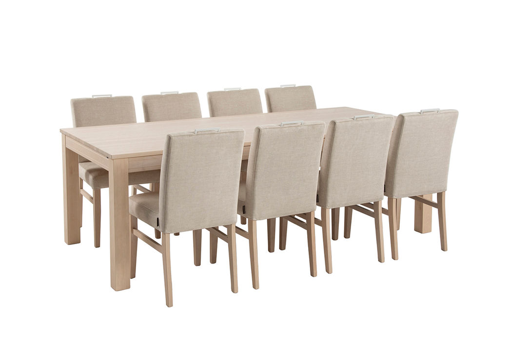 Mona ruokapöytä 100x220cm ja Alina ruokatuoli, Nordic koivu, verhoilu: Glamour 01 -kangas