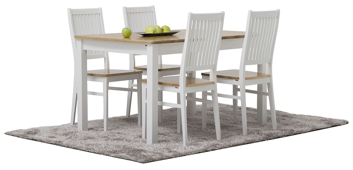 Frida jatkettava ruokapöytä 90x175cm (135+40cm) ja Frida ruokatuolit.
Väri: Valkoinen, Koivu