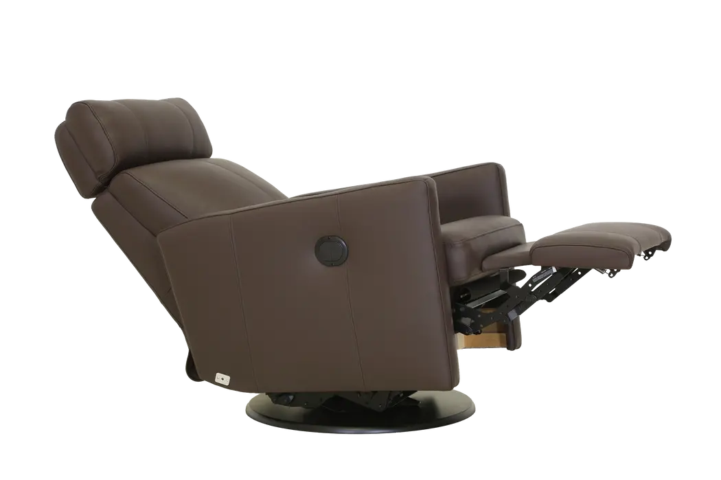 Verona mekanismituoli. Verhoilu: ruskea Labrador 05 -nahka. Keinuva & pyörivä, sähkötoiminen mekanismi ladattavalla akulla ja nappiavauksella.