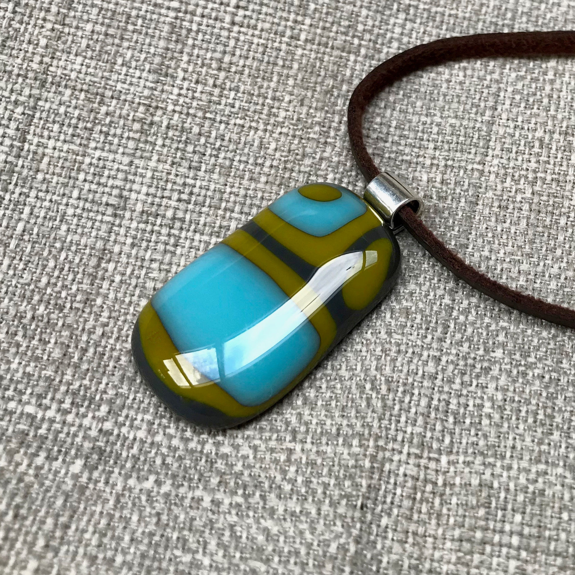 Intersections dijon mustard, turquoise & grey glass pendant