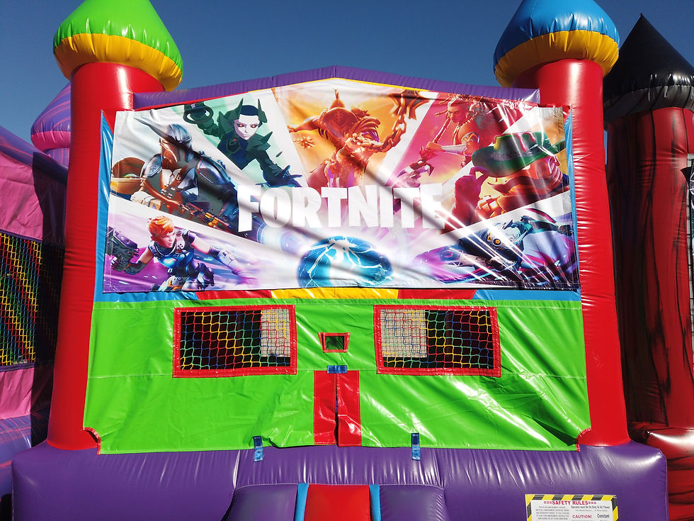 bounce house with banner