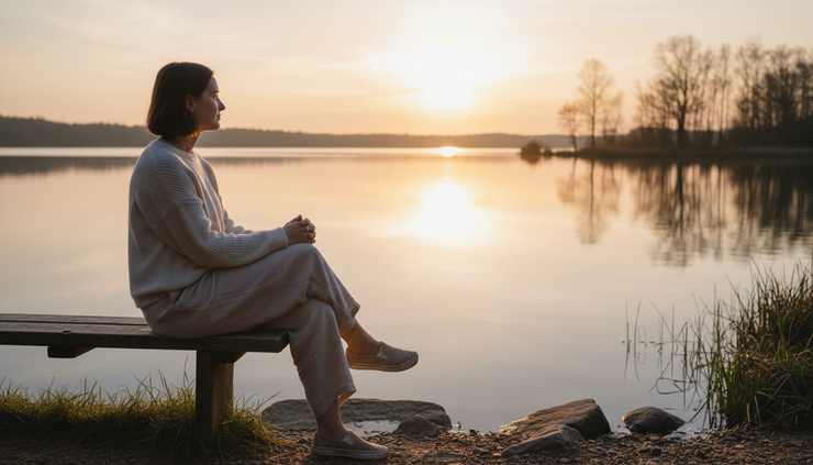 Eye-level view of a person sitting alone beside a quiet lake at sunrise.