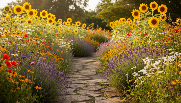 Wide-angle view of a small garden path with different flowers growing along both sides.