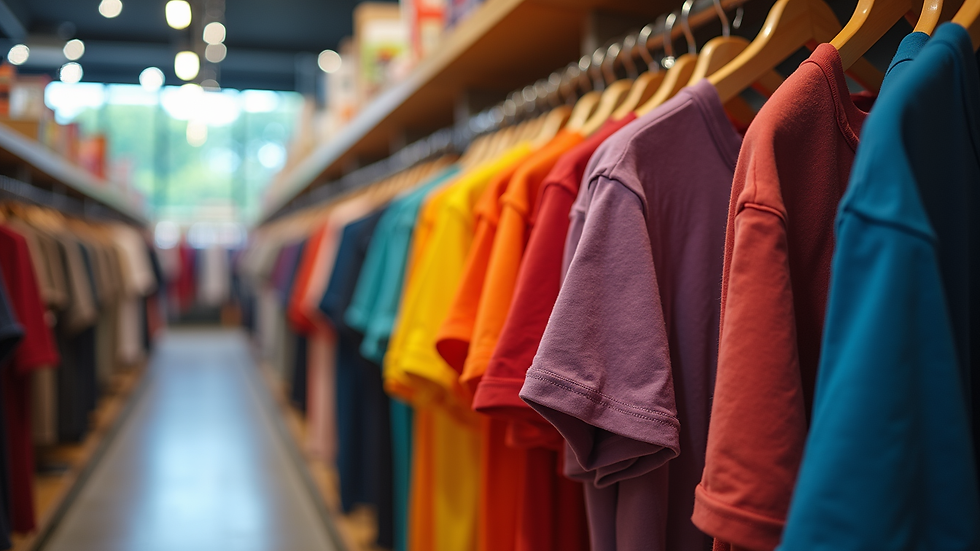 Eye-level view of a colorful t-shirt display on a rack