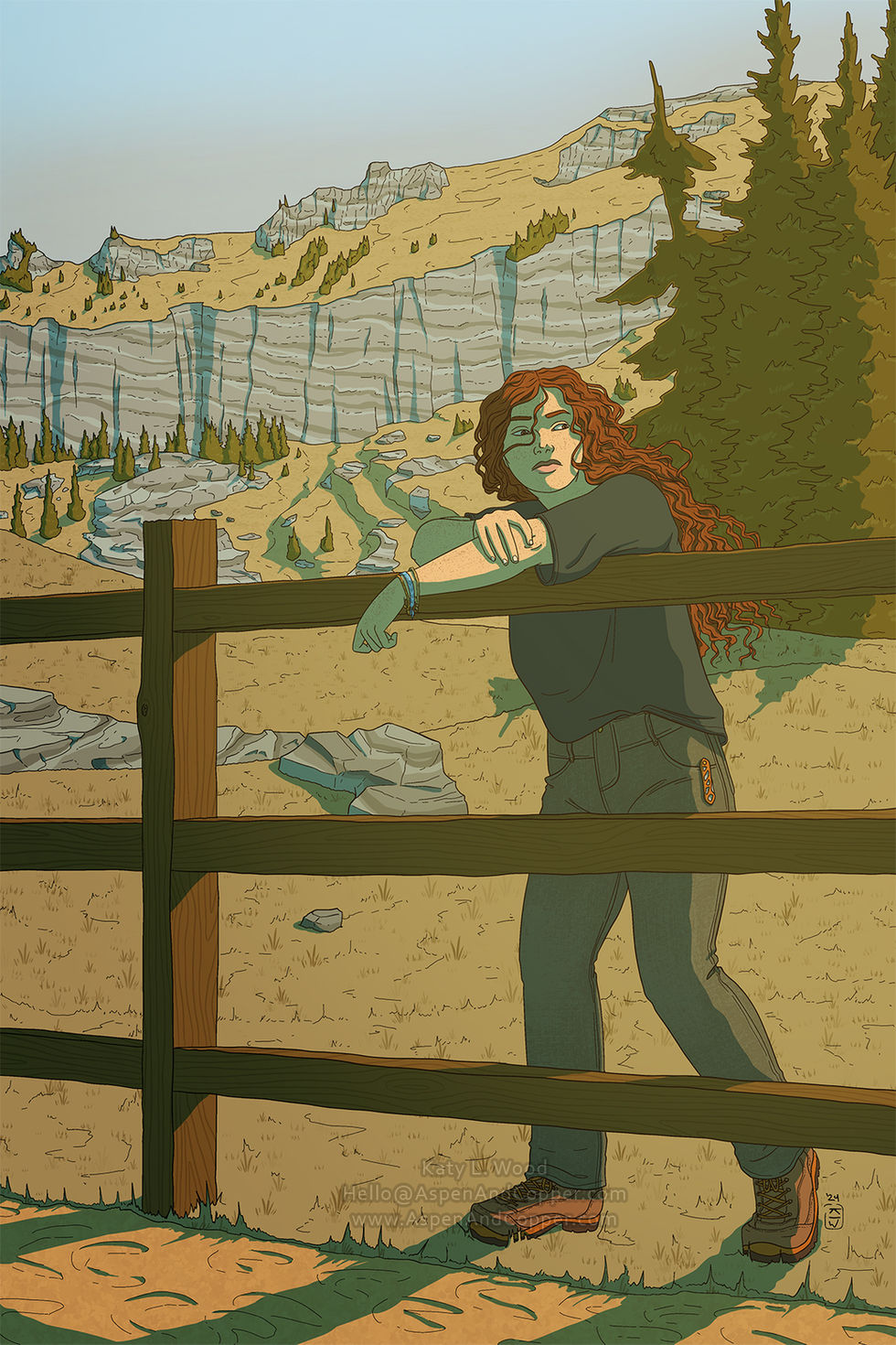 An illustration of a girl leaning on a fence in a field in the mountains. The fence is a three rail wooden fence and is between her and the viewer. She has very long, curly red hair blowing in a soft breeze and looks pensive.