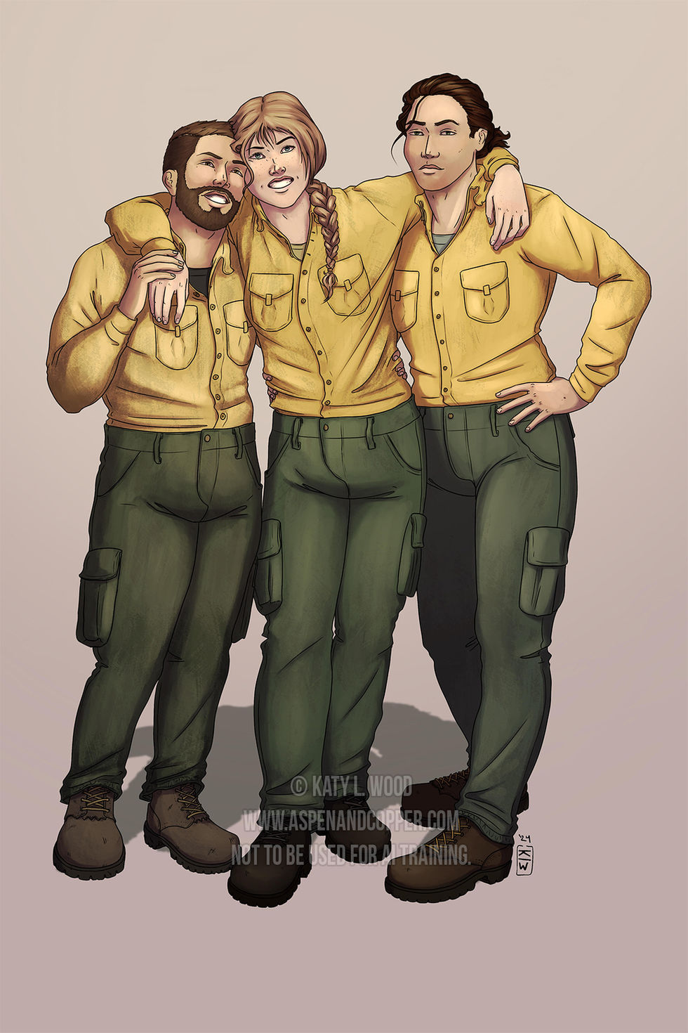 A digital illustration of three people in wildland firefighter nomex which consists of bugton up yellow shirts, green cargo pants, and brown boots. The man on the left has brown hair, a short beard, and a big smile. The man on the right has longer brown hair pulled back in a ponytail and a 5 o'clock shadow. The woman in the middle has light brown hair in a braid draped over her shoulder, a big smile, and her arms draped over the shoulders of the two men.