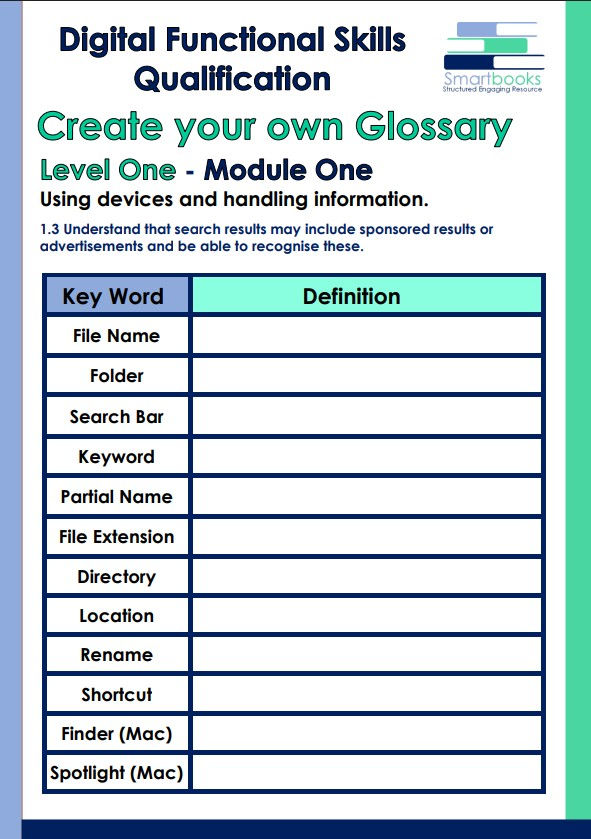 Thumbnail: Learner glossary for the Digital Functional Skills Level 1 Module 1 Unit 1.4 workbook