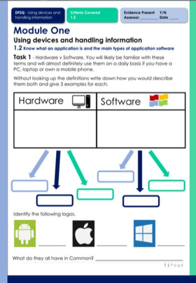 Sample activity from the Digital Functional Skills Entry Level Module 1 Unit 1 Unit 1.2 workbook