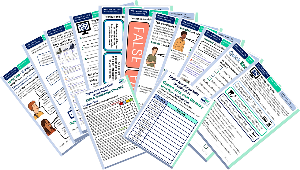 Thumbnail: Level One Digital Functional Skills Complete Programme showing all 27 learner workbooks across five modules.