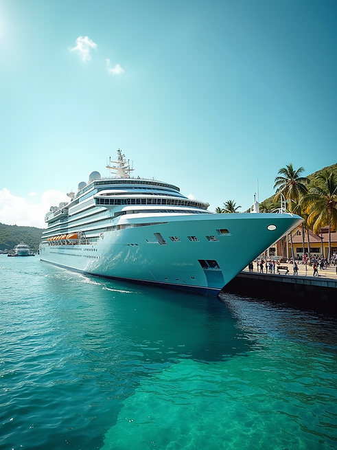 environmental shot luxury cruise ship docked tropical port passengers boarding clear blue 