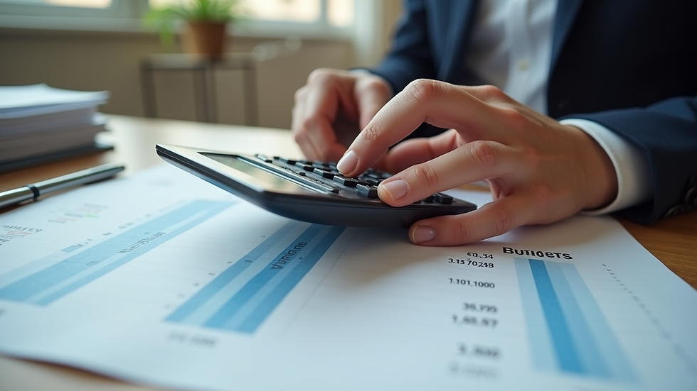 Close-up view of hands holding a calculator and budget sheets