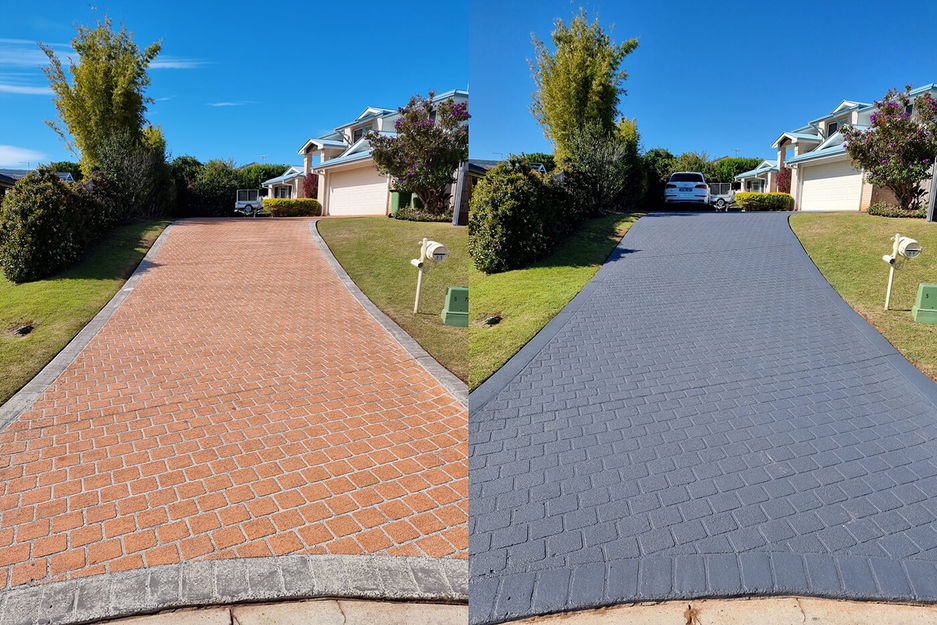Before and after new grey paved driveway