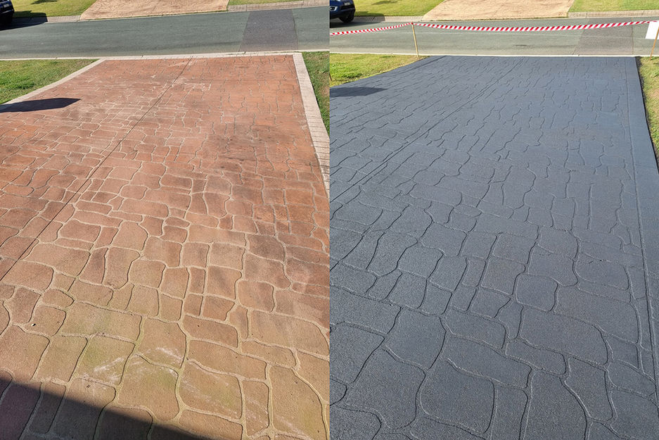 Before and after new grey moulded concrete driveway