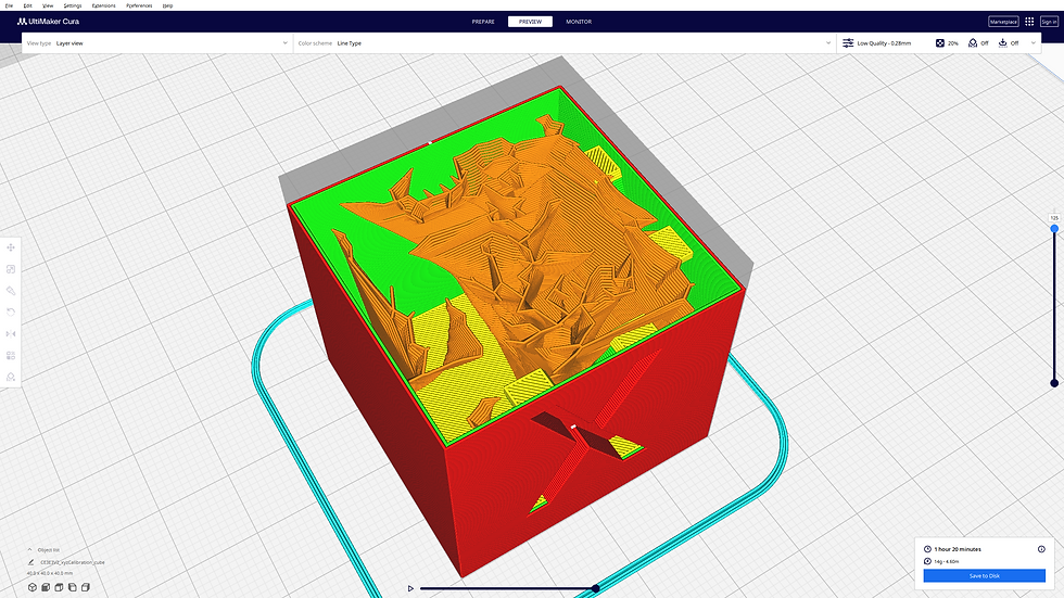 UltiMaker Cura showing lightning infill in a 3D model.