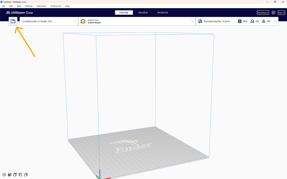 Cura interface showing a virtual model with a yellow arrow pointing to a file icon. Text: Creality Ender-3/Ender-3 v2.