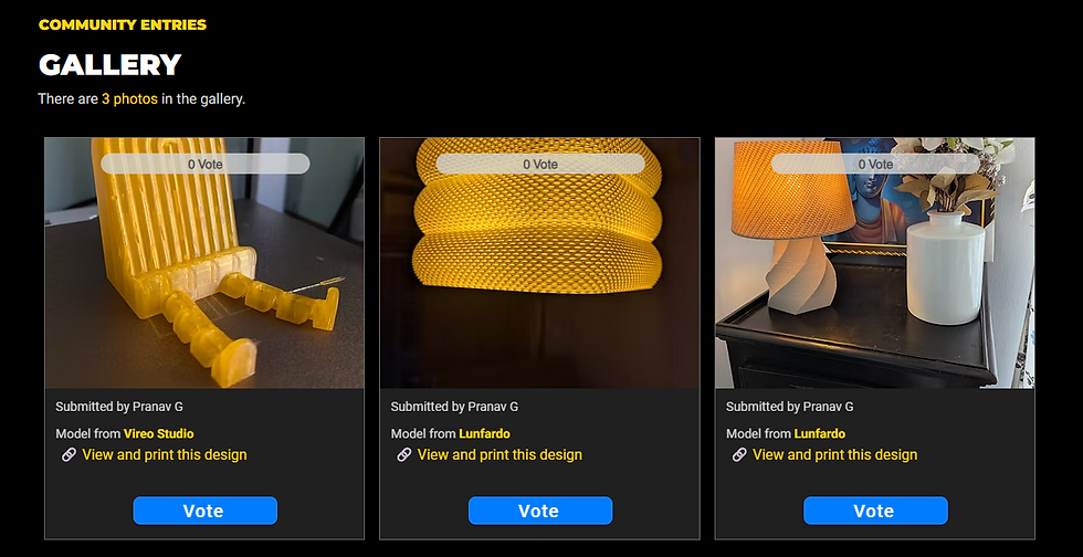 The Hive Lens competition gallery showing 3D printed entries by Pranav G.