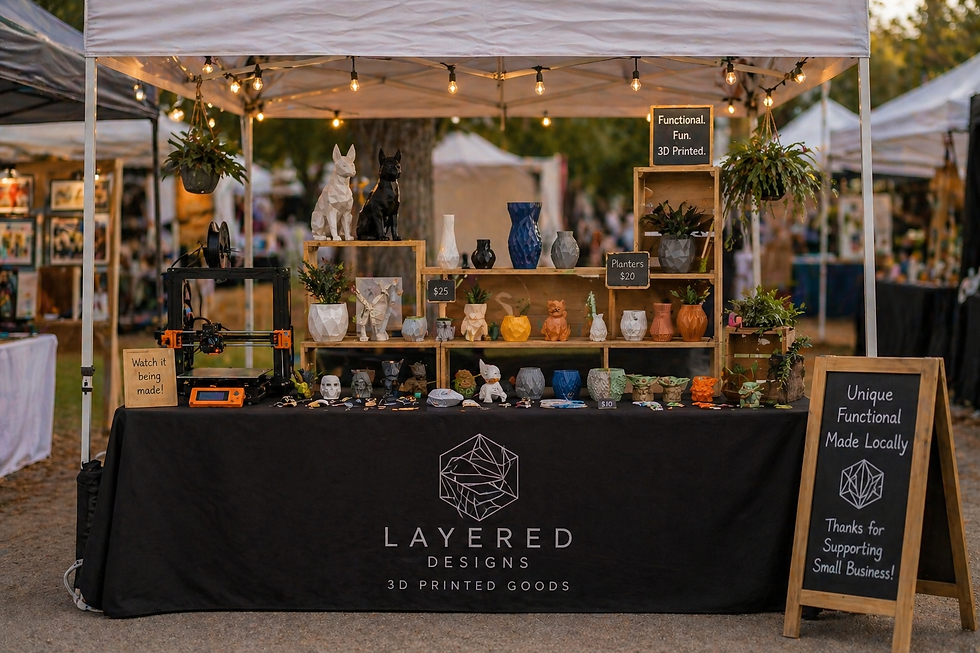 Layered Designs 3D printed goods market stall display.