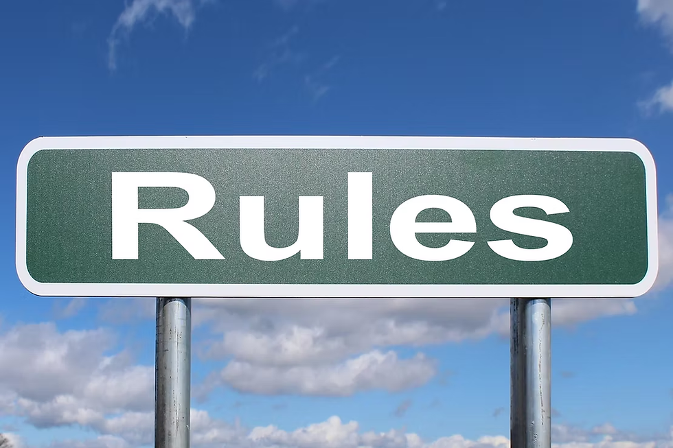 Green road sign with the word Rules against a blue sky
