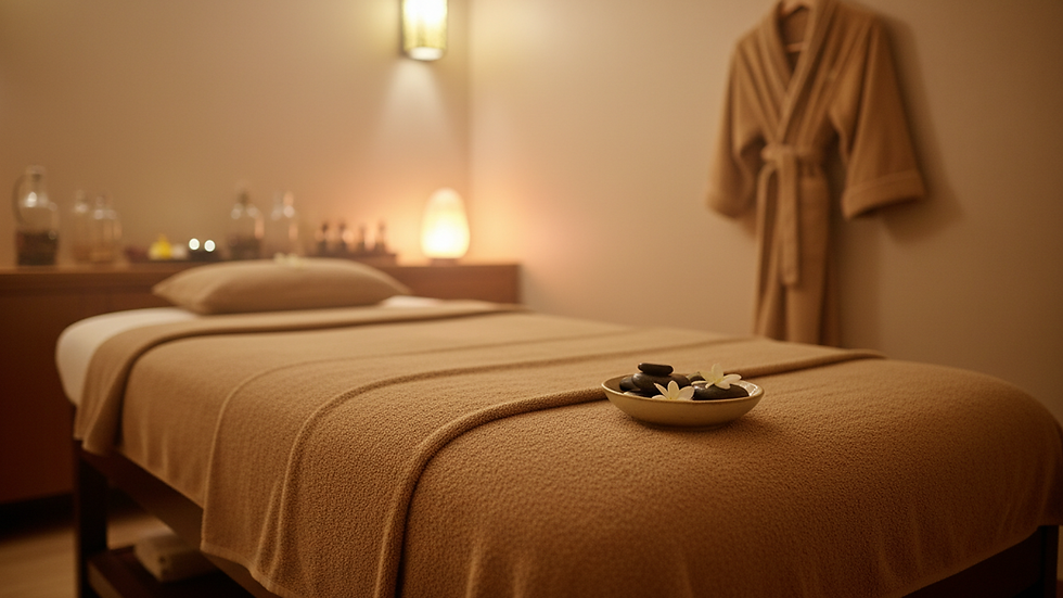 eye-level view of a cozy hotel massage room with soft lighting