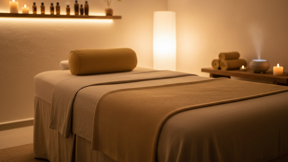Eye-level view of a cozy massage room with soft lighting