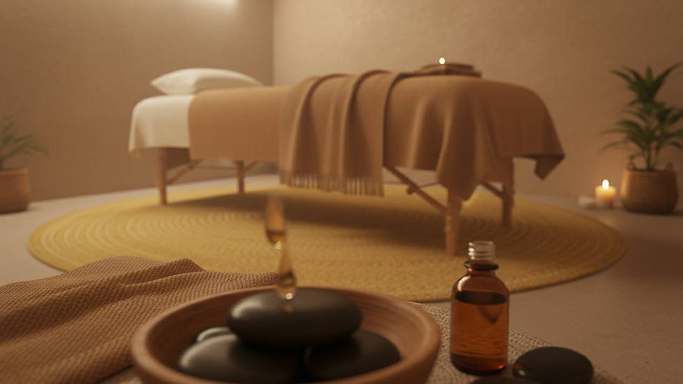 eye-level view of a cozy massage room with soft lighting