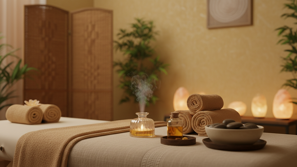 eye-level view of a cozy massage room with soft lighting