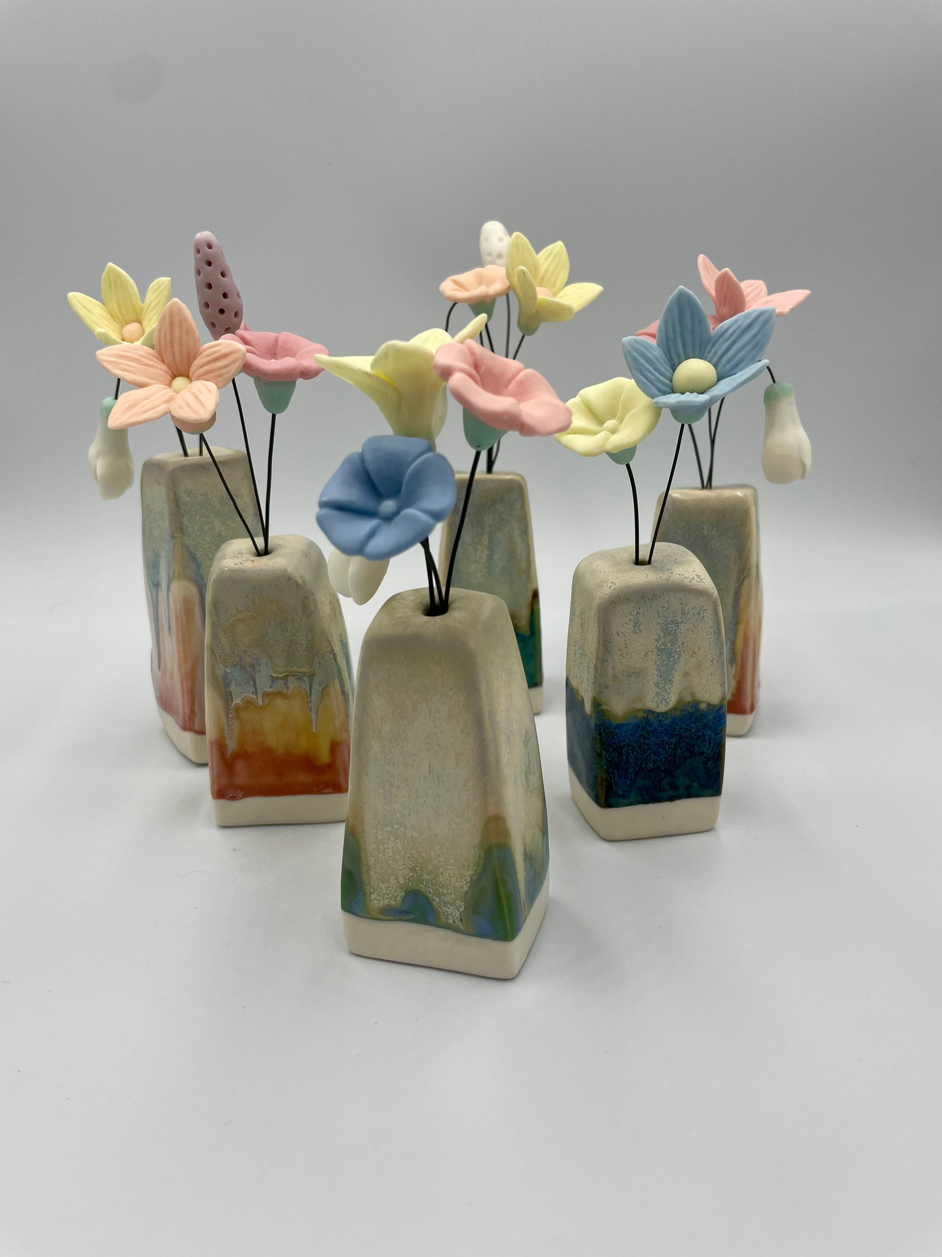 Moss and Cotton Block Vase with Three Flowers