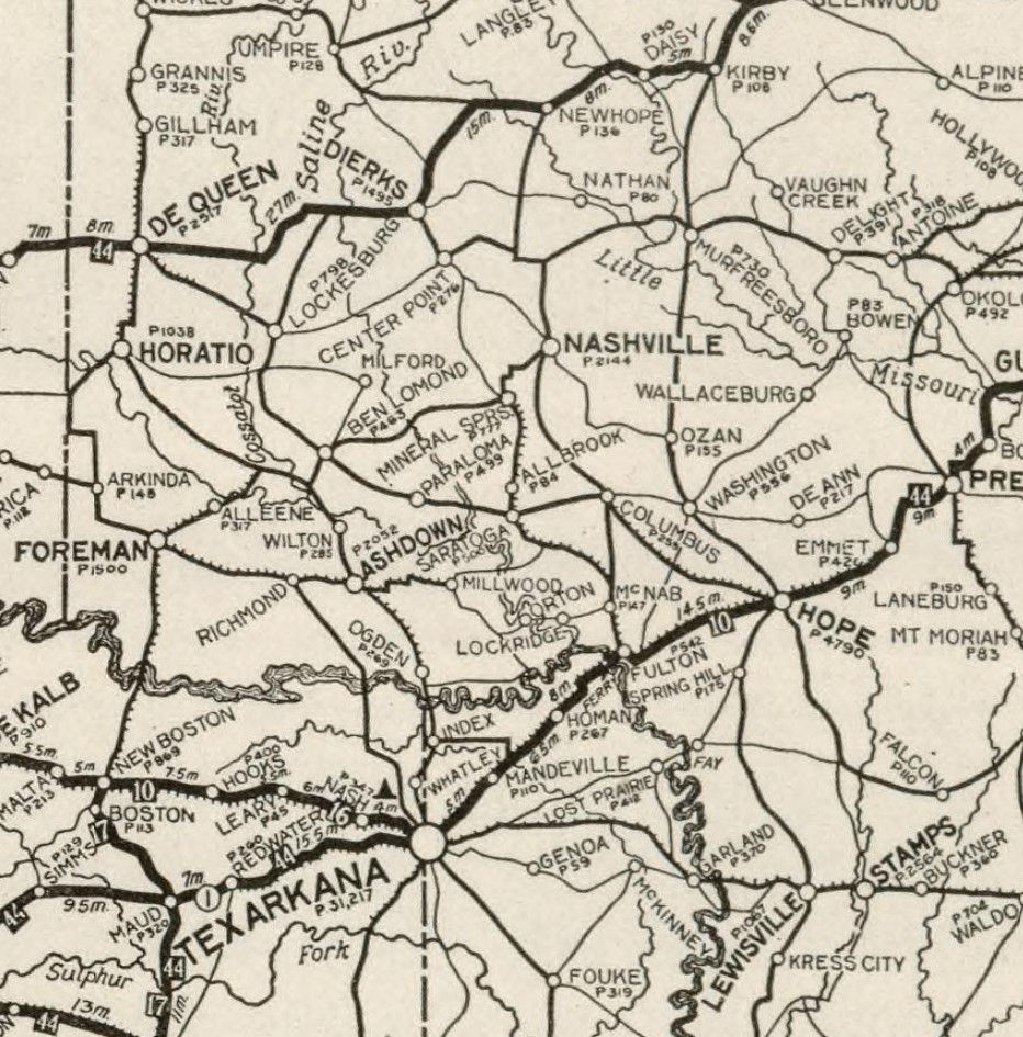 A 1924 map in a Rand McNally atlas shows the improved roads in southwestern Arkansas - they indicted by hash marks (David Rumsey).