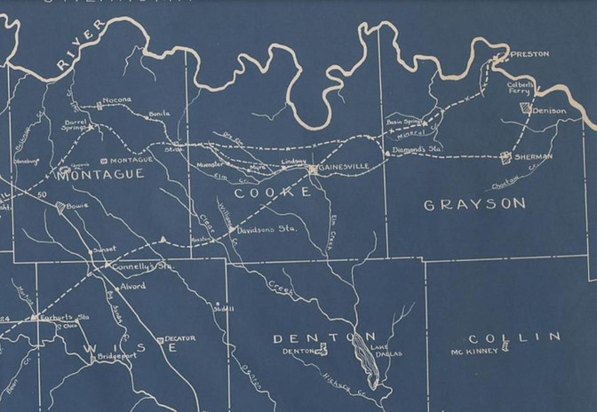 A map of the Butterfield Overland Stagecoach route through  north Texas crossing the Red River