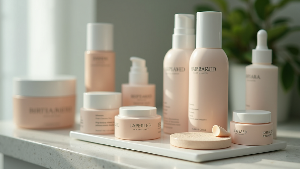 Close-up view of a skincare routine with various products